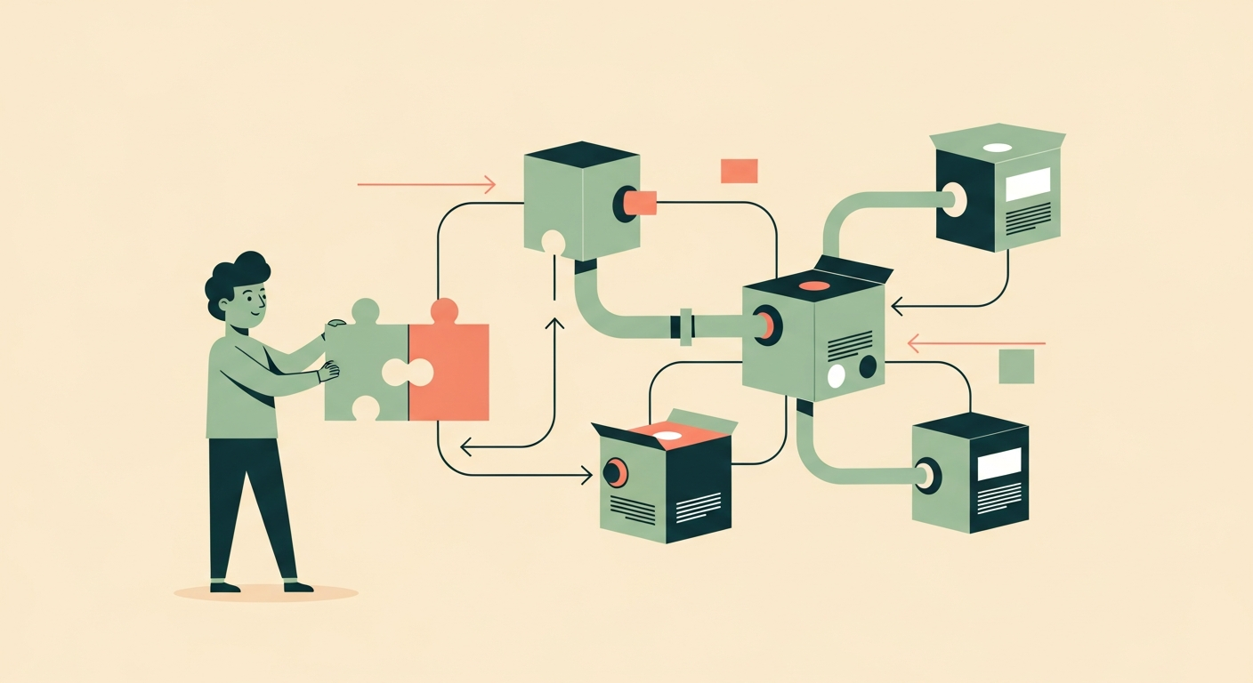 Illustration of a friendly character connecting puzzle pieces and pipes between stylized software systems on a cream background
