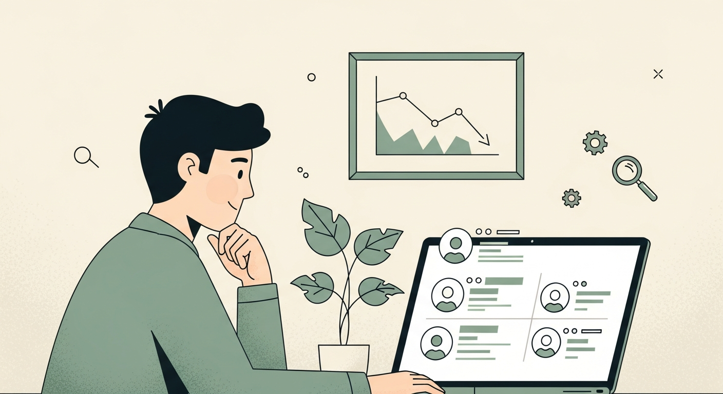 Illustration of a person reviewing a CRM dashboard with duplicate and stale contact records affecting revenue