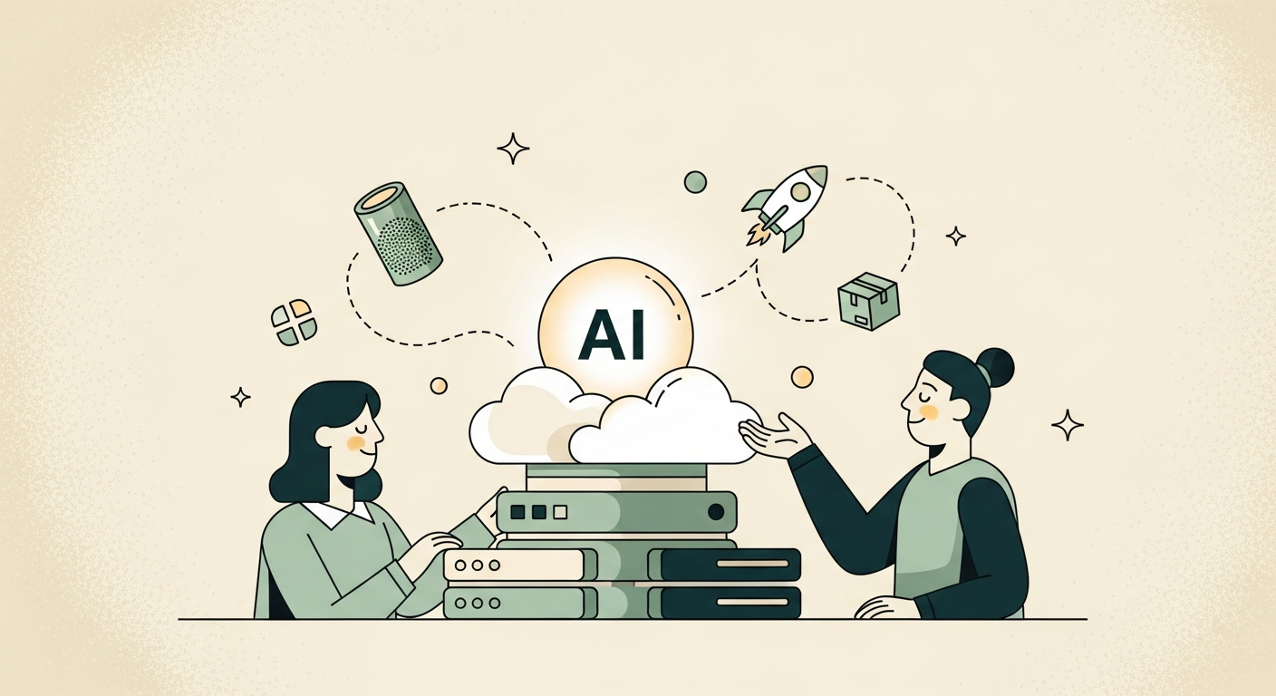 Illustration of a glowing AI orb resting on cloud server shapes with a smart speaker, rocket, and package box floating nearby against a soft cream background