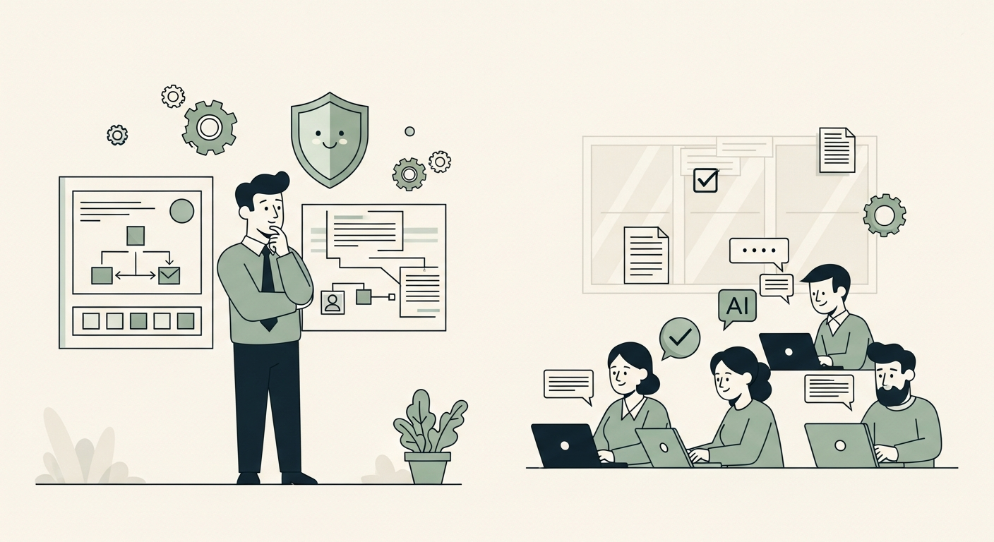 Illustration of an executive overseeing an AI governance dashboard while a team works responsibly with AI tools