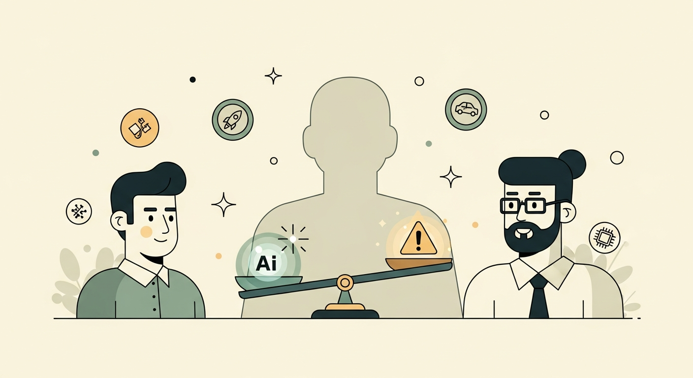 Illustration of a balance scale with an AI orb on one side and a caution symbol on the other against a soft cream background
