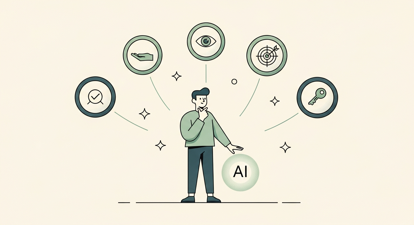 Illustration of a person calmly standing with an AI orb surrounded by five floating symbols representing guiding principles