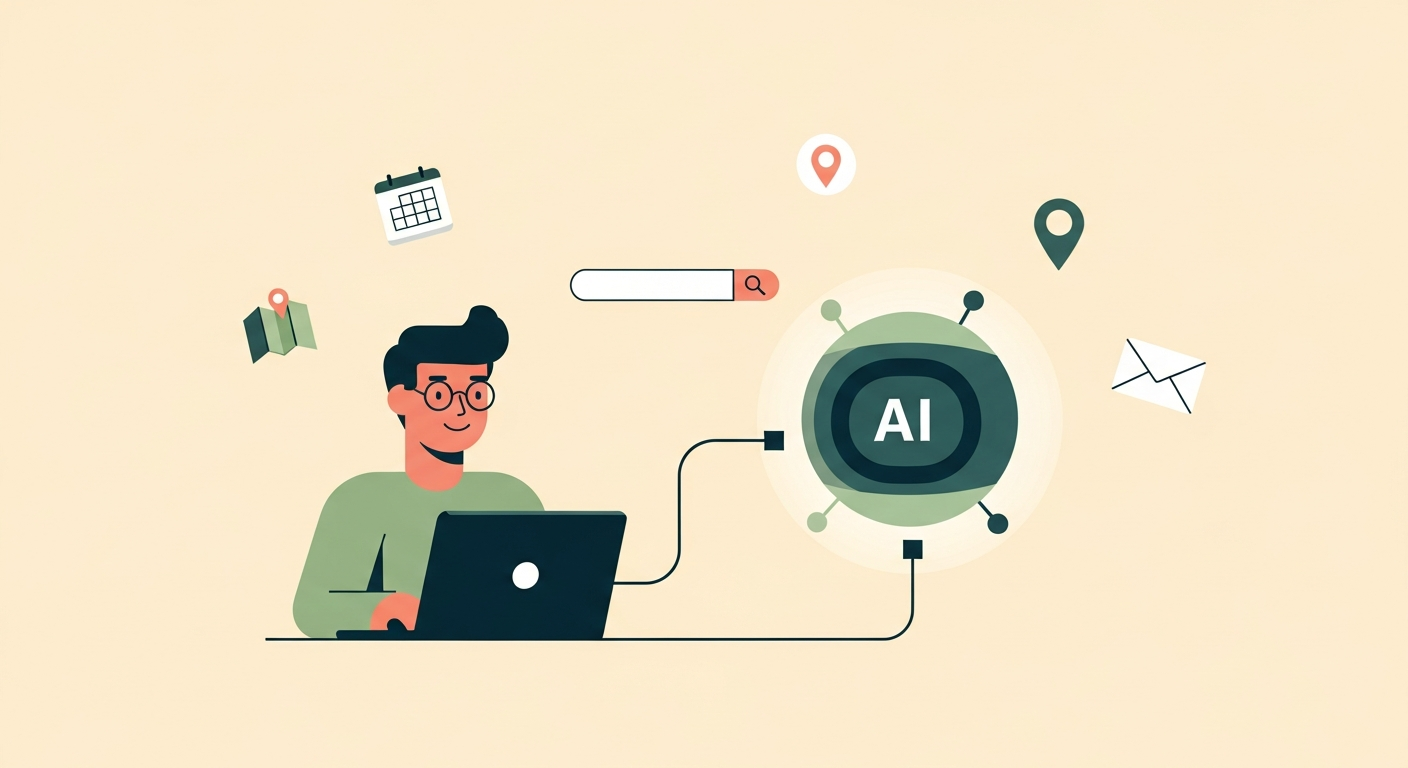 Illustration of a developer at a laptop connected to a glowing orb representing an AI agent with small icons of calendar, search, map pin, and email around it on a cream background