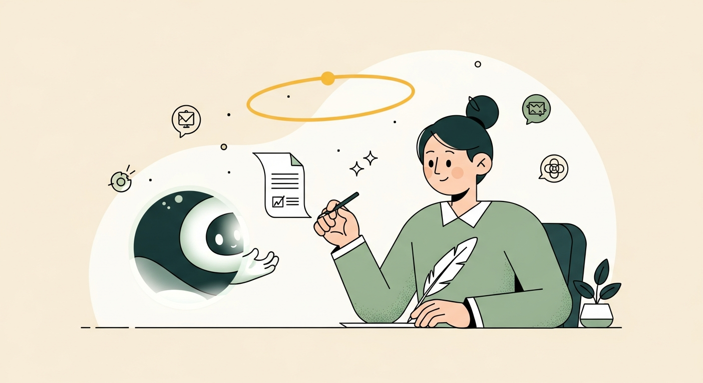 Illustration of a person at a desk carefully reviewing a document offered by a glowing AI orb before signing it