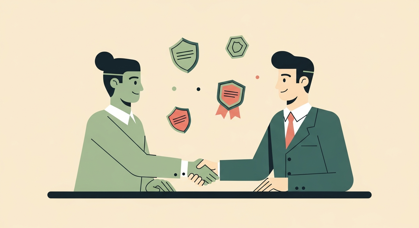 Illustration of two characters shaking hands across a desk with floating certification badges on a cream background