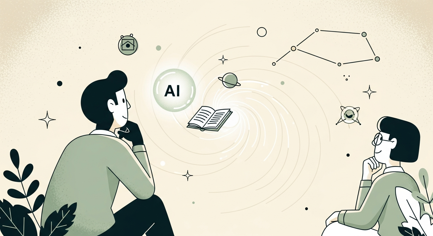 Illustration of a contemplative figure looking out at a glowing AI orb beside a small open book against a soft starry background