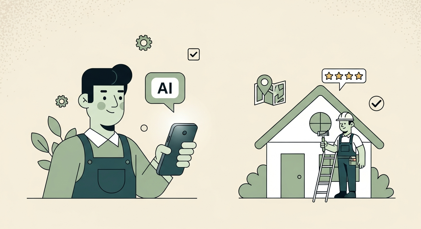 Illustration of a homeowner using an AI assistant to find a recommended home improvement contractor