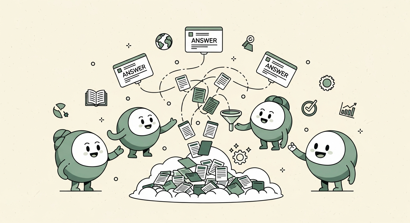 Illustration of three friendly AI orbs each selecting overlapping subsets of floating document cards and weaving them into separate answer panels on a cream background