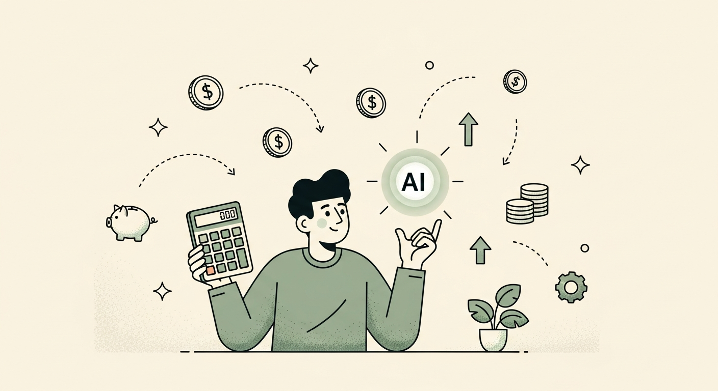 Illustration of a person with a calculator evaluating the cost of AI with small floating coin and chart icons