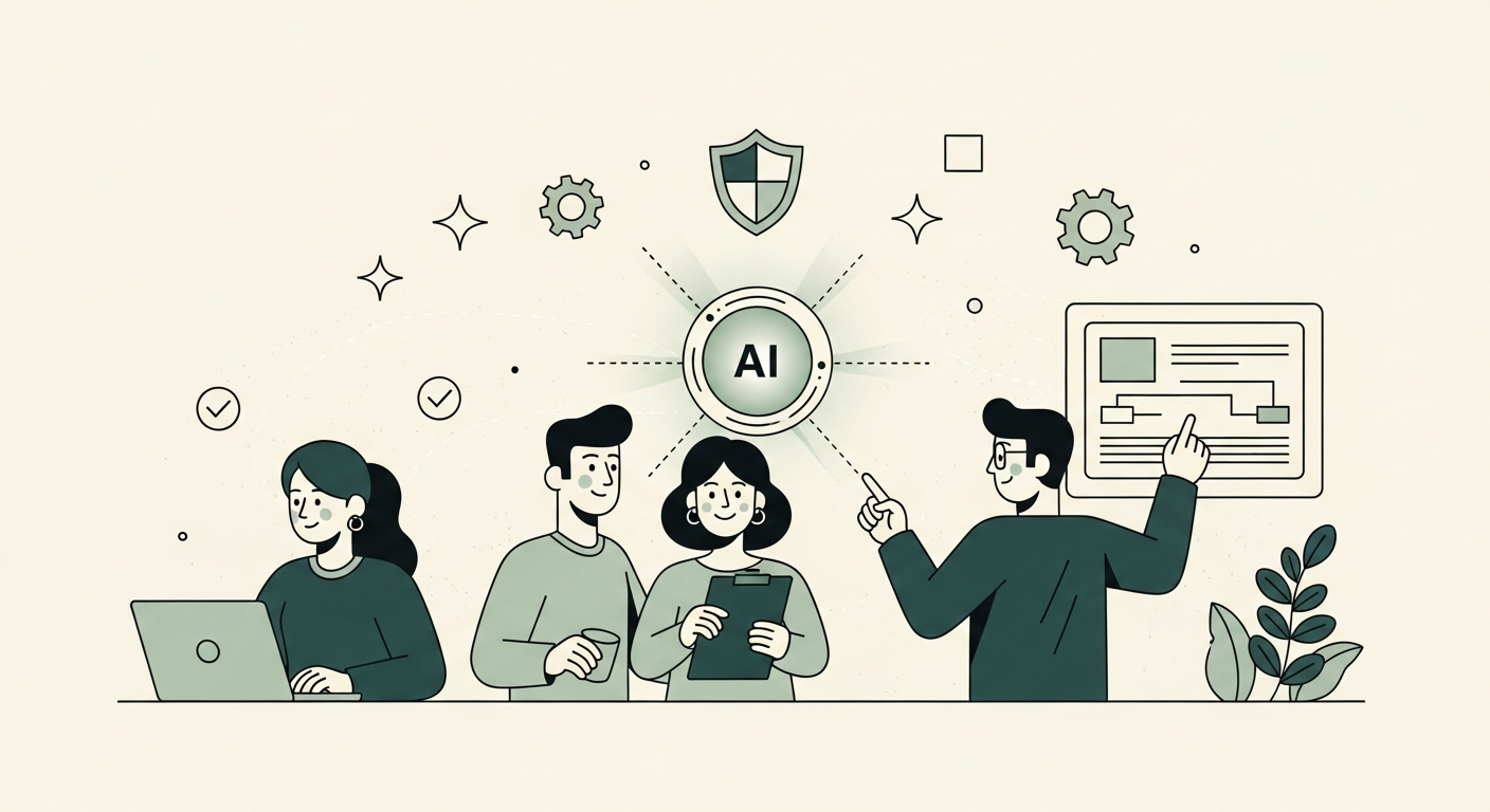 Illustration of a cross functional team collaborating around a central AI assistant with a security shield overhead