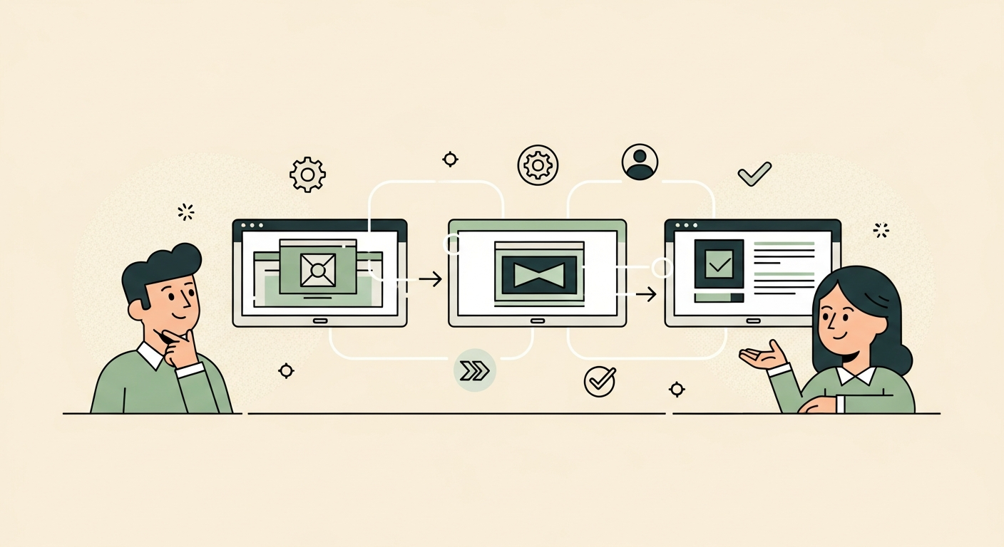 Illustration of three connected business systems with a person reviewing the data flow between them