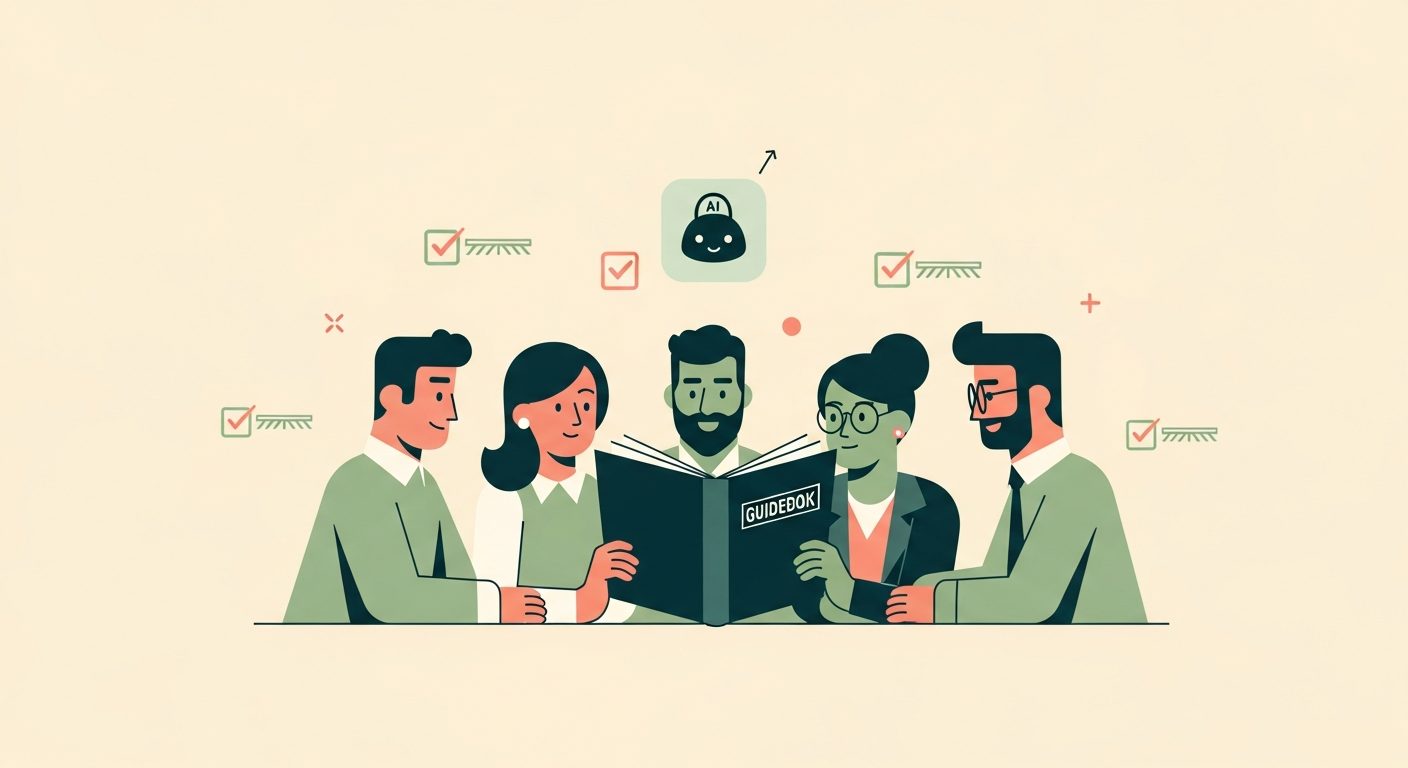 Illustration of a small team of friendly characters reviewing a guidebook with a small AI assistant icon and tiny checkmark icons on a cream background