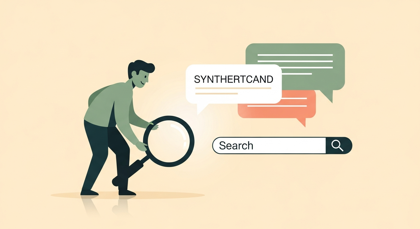 Illustration of a friendly character setting down a search magnifying glass and turning toward a glowing AI assistant chat bubble offering a synthesized answer on a cream background