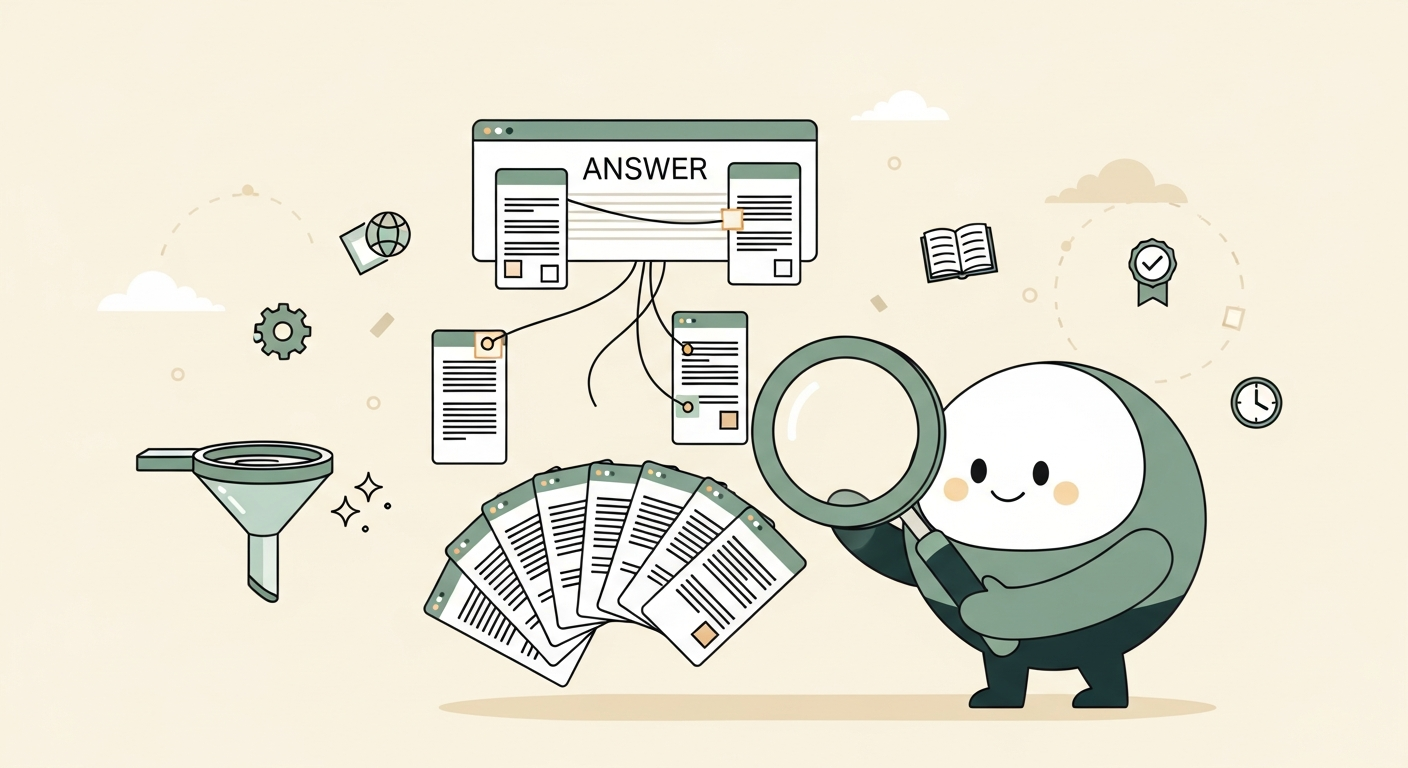 Illustration of a friendly AI orb with a magnifying glass examining floating document cards selecting a few to weave into a synthesized answer panel on a cream background