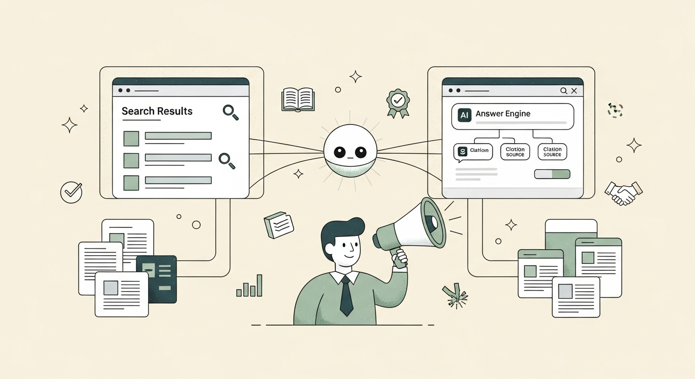 Illustration of a PR professional with a megaphone connecting publication panels to a search results panel and an AI answer citation panel on a cream background