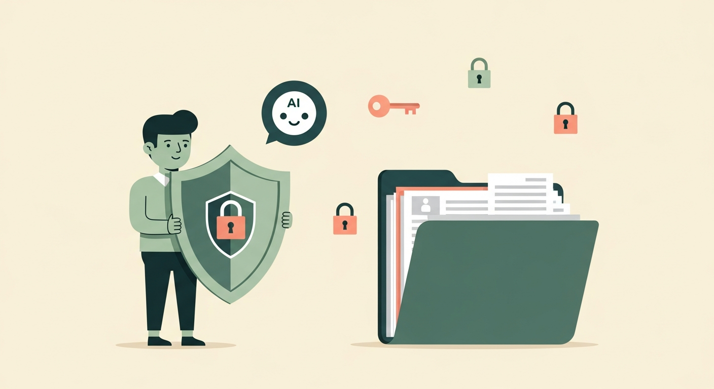 Illustration of a friendly character holding a shield protecting a folder of personal data with a small AI assistant icon and tiny lock icons floating around on a cream background