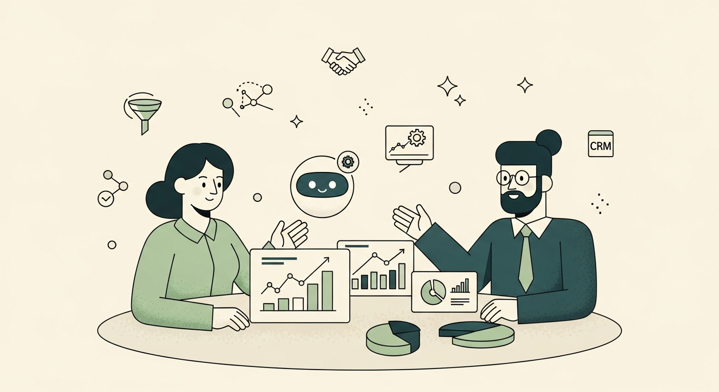 Illustration of two partner figures collaborating over a dashboard of bar charts and trend lines with a friendly AI orb floating nearby on a cream background