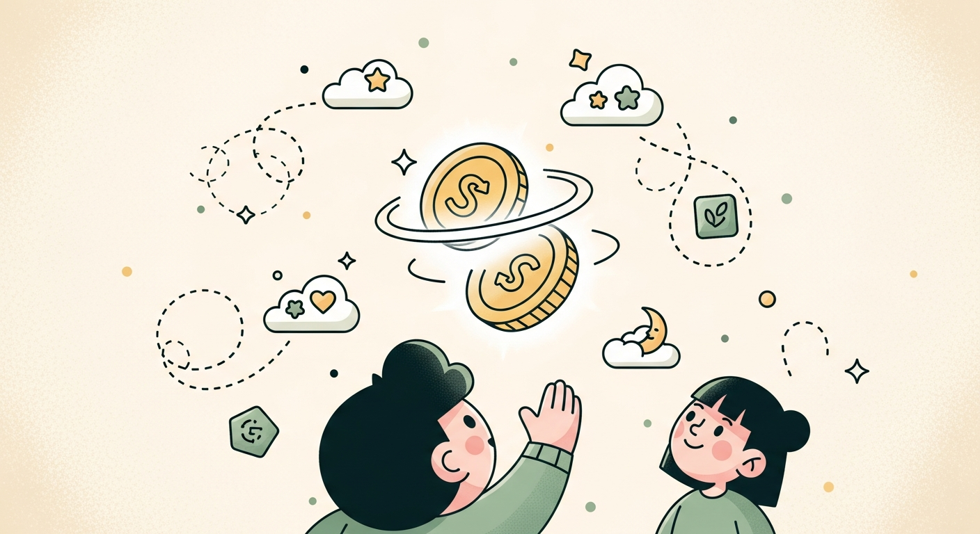 Illustration of a small child looking up at a softly glowing spinning coin shape surrounded by cloud puffs and sparkles on a cream background