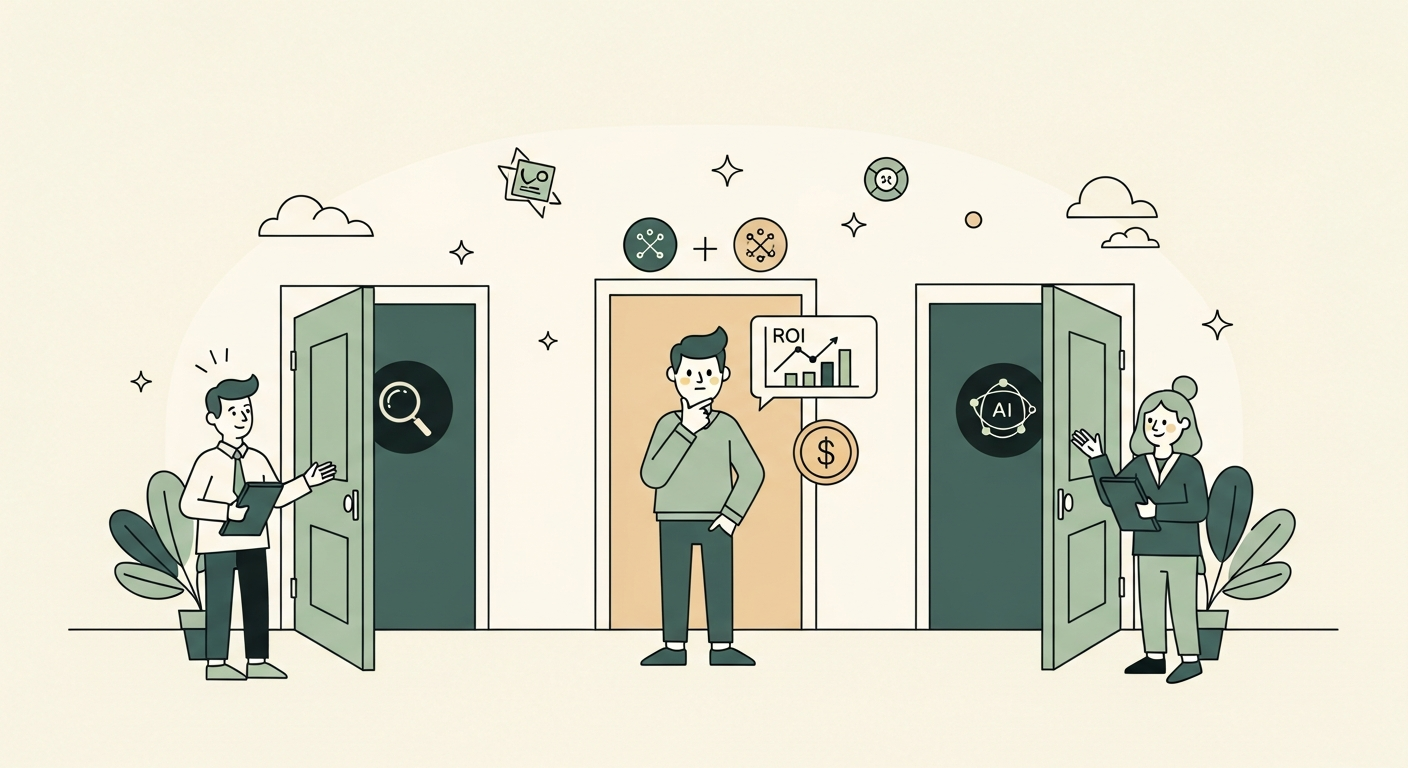 Illustration of a marketing leader choosing between three agency options represented as three doorways