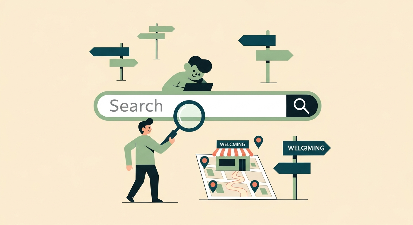 Illustration of a friendly character at a search bar surrounded by signposts and a map leading to a welcoming storefront on a cream background