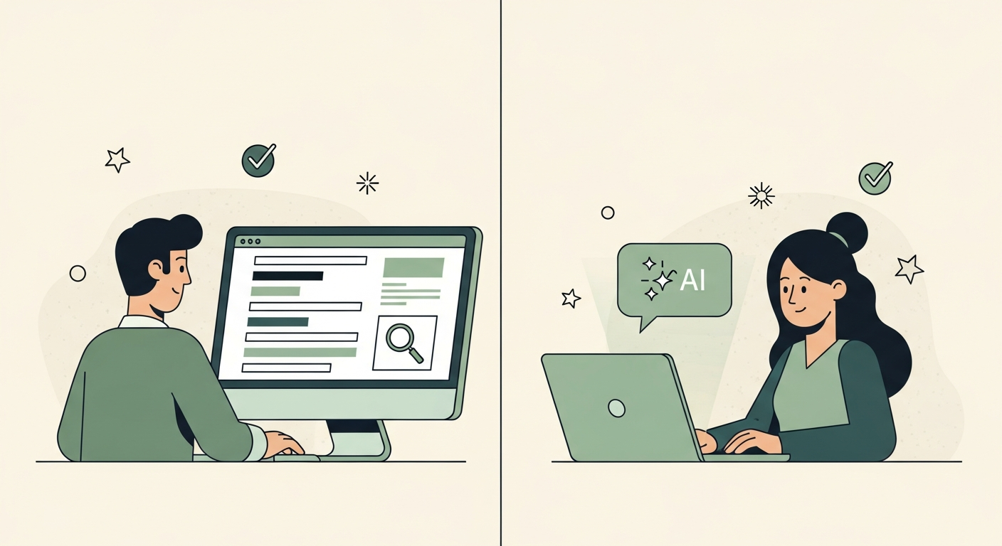 Abstract illustration of classic search and AI search side by side
