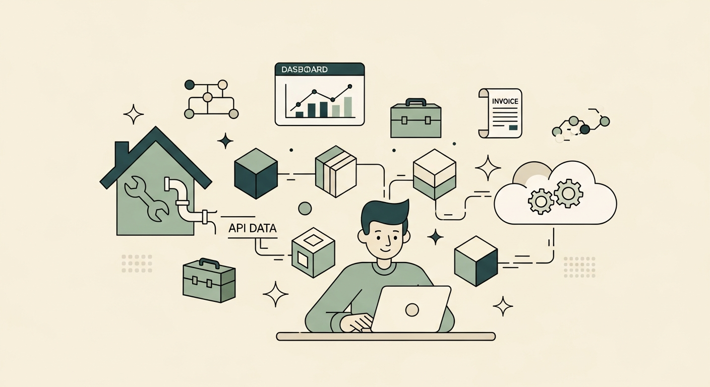 Illustration of a developer figure connecting a house with a wrench icon to a cloud with gear icons through a data pipeline of geometric blocks on a cream background