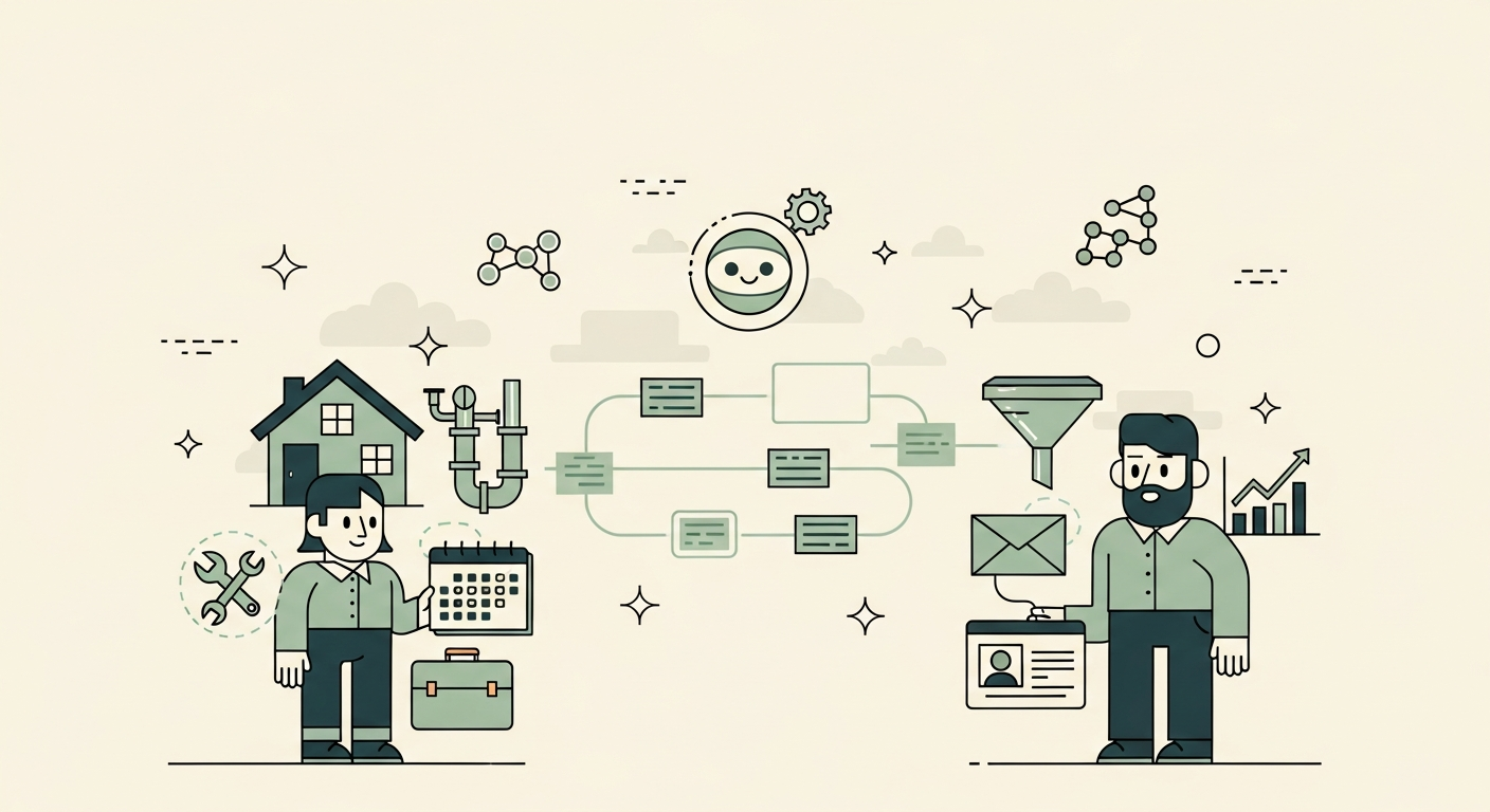 Illustration of two figures with field service icons on one side and marketing icons on the other connected by a flowing data pipeline with a friendly AI orb above on a cream background