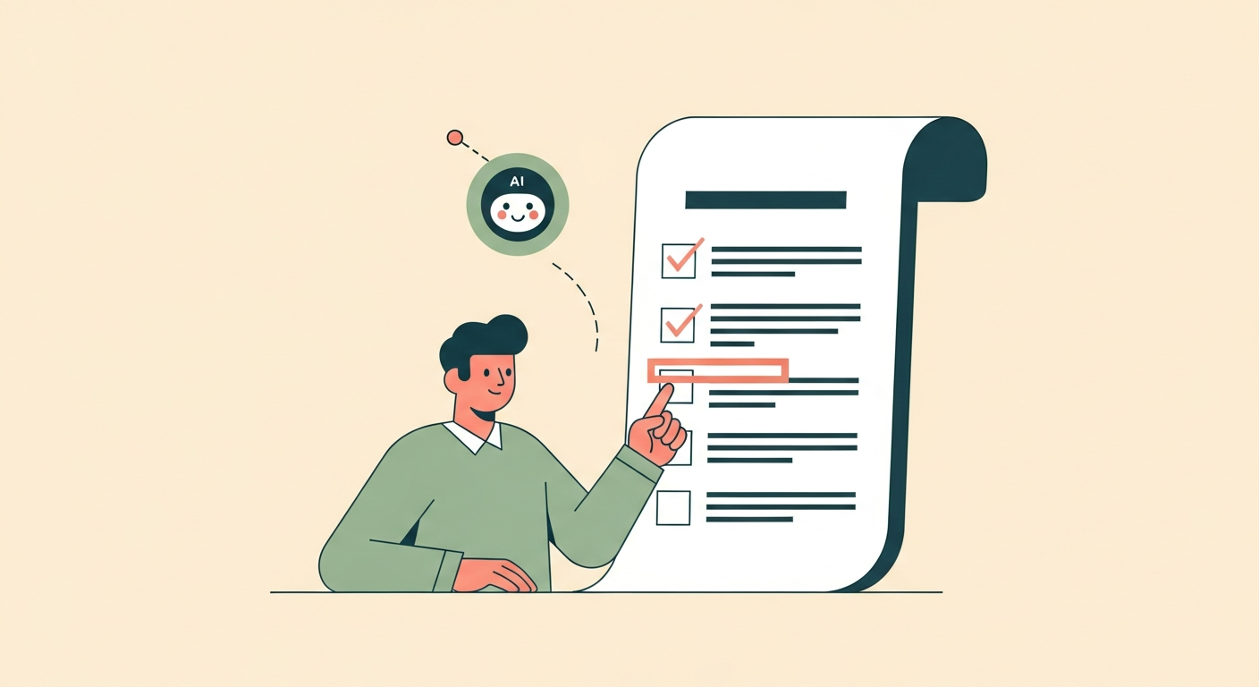 Illustration of a friendly character reviewing a tall terms document at a desk with a small friendly AI assistant icon highlighting a clause on a cream background