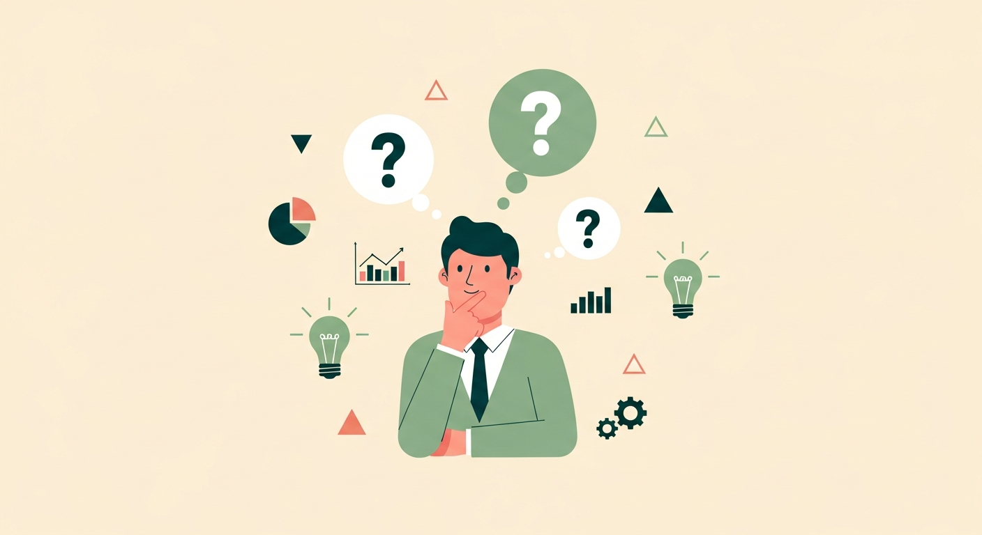 Illustration of a thoughtful business person surrounded by floating question mark bubbles and small icons of charts gears and lightbulbs on a cream background