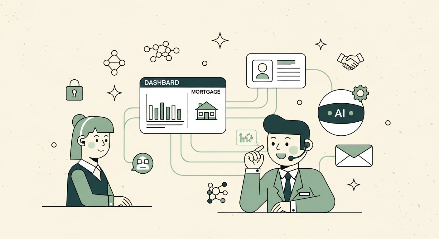 Illustration of a loan officer figure connected by data pipelines to a contact card and an envelope icon with a friendly AI orb nearby on a cream background