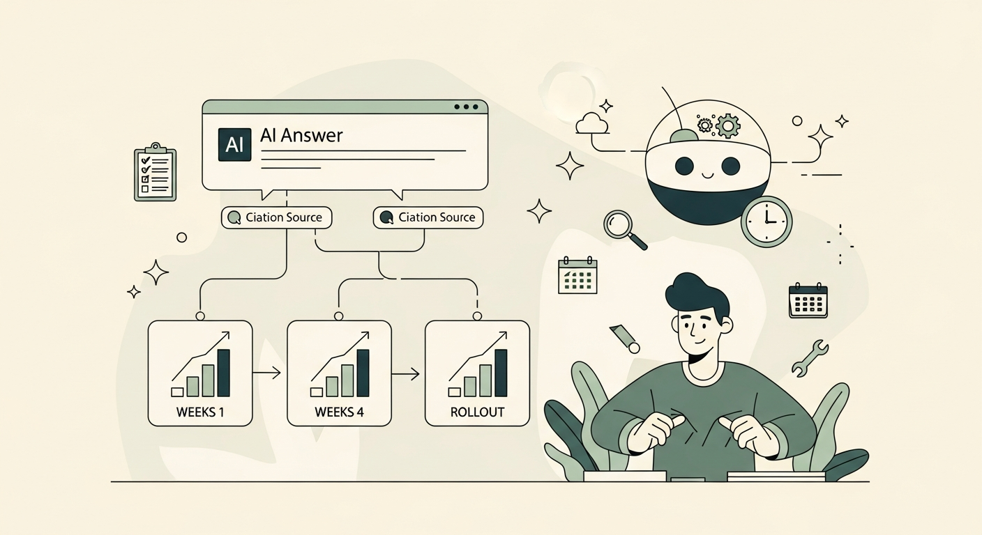 Illustration of a marketer setting up three panels showing weeks of an AI overview tracking rollout with a friendly AI orb above on a cream background