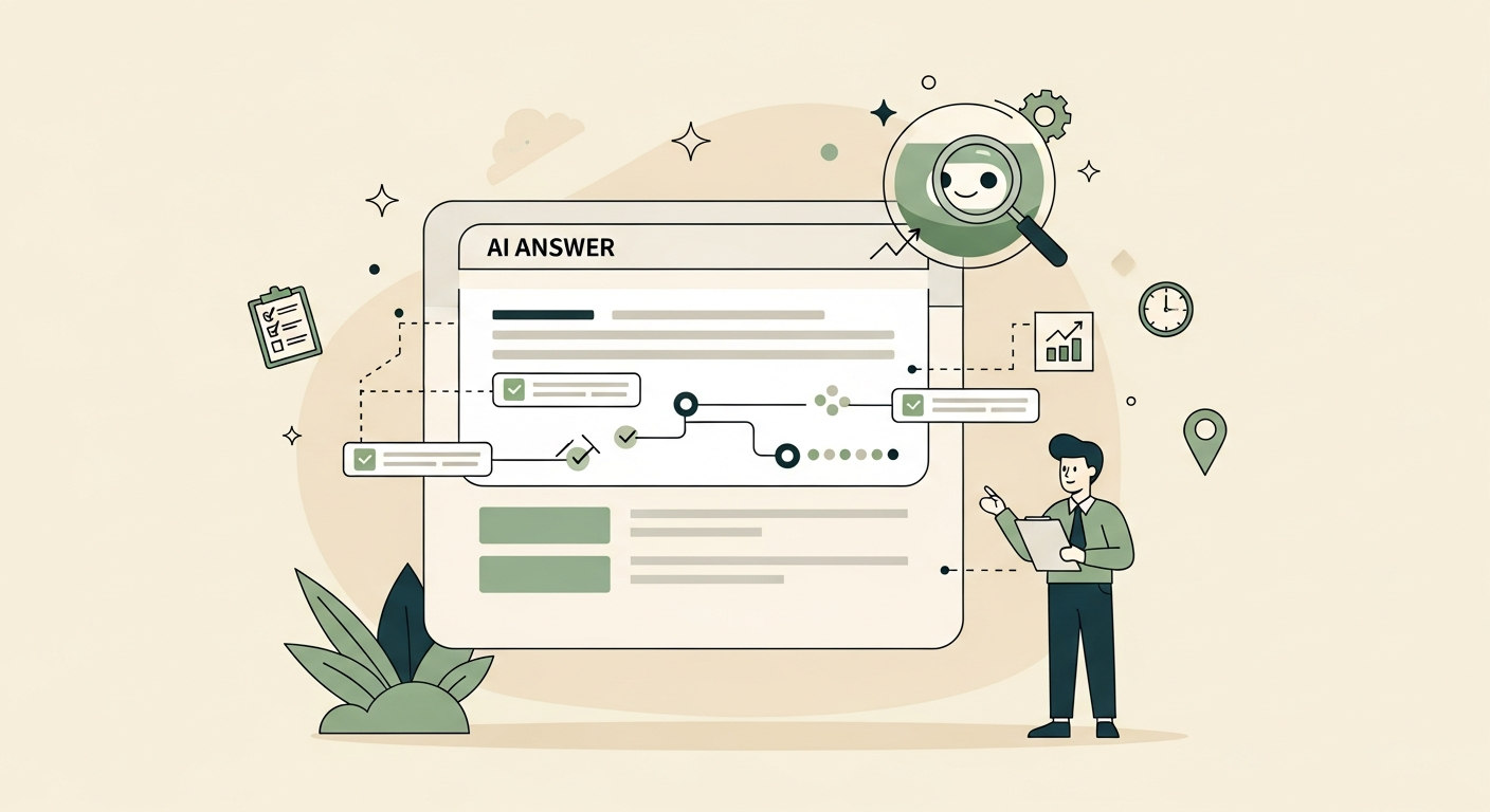 Illustration of an analyst figure in front of a search results panel with an AI overview block at the top, citation source bubbles, and a friendly AI orb hovering above on a cream background