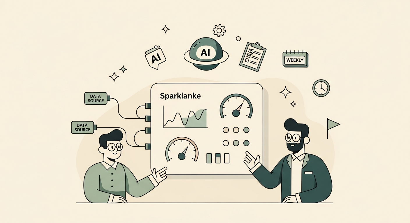 Illustration of two operator figures in front of a control panel with sparklines, gauges, and status indicators with a friendly AI orb hovering above on a cream background