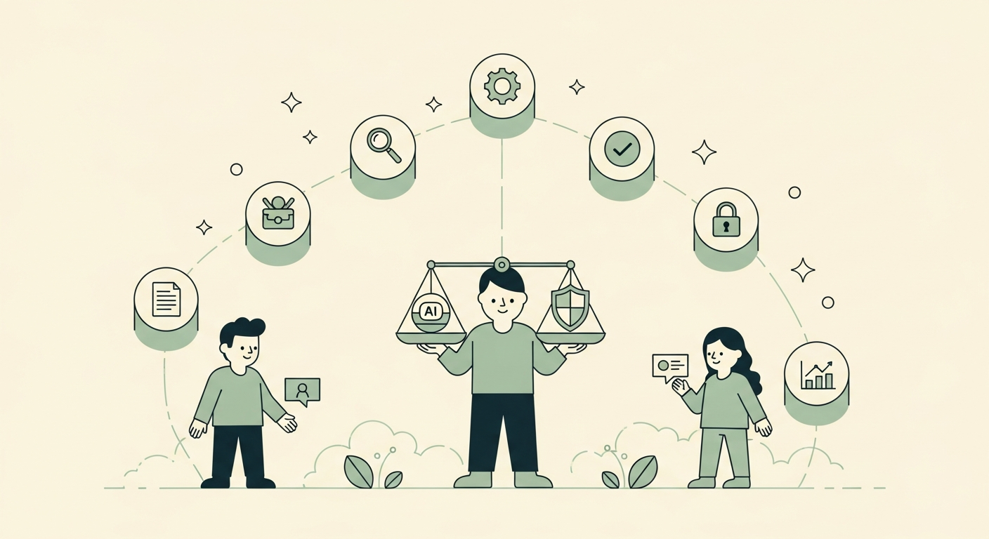 Illustration of AI governance balance and the core pillars represented as connected icons around a central figure