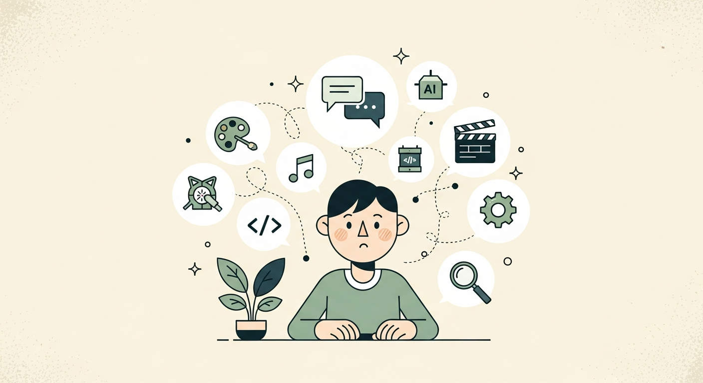 Illustration of a person discovering many AI tools represented as friendly floating icons around them