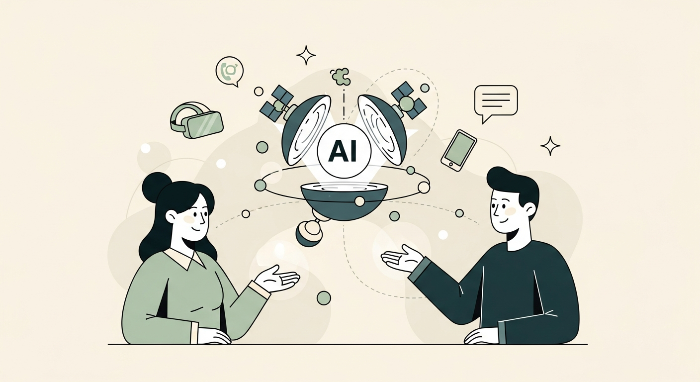 Illustration of a glowing central AI orb connected to satellite orbs and small icons of a VR headset, phone, and chat bubble against a cream background