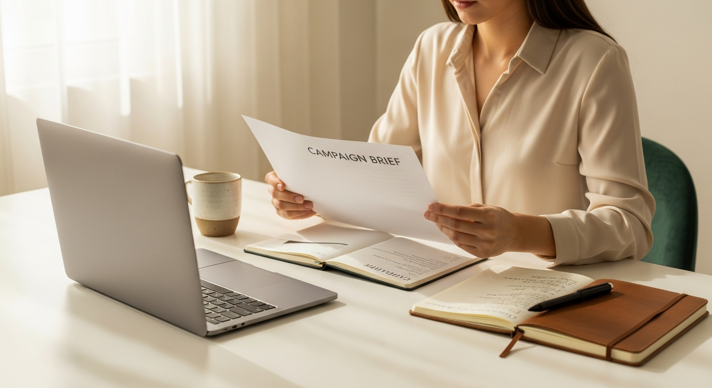 A marketing operator reviewing a campaign brief at a sunlit desk, representing planning for ChatGPT Ads in the new Ads Manager Beta