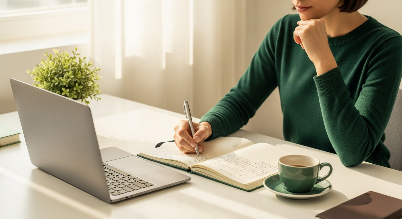 A marketing strategist taking notes beside a laptop in a sunlit office, representing planning for Google Ads in AI Mode