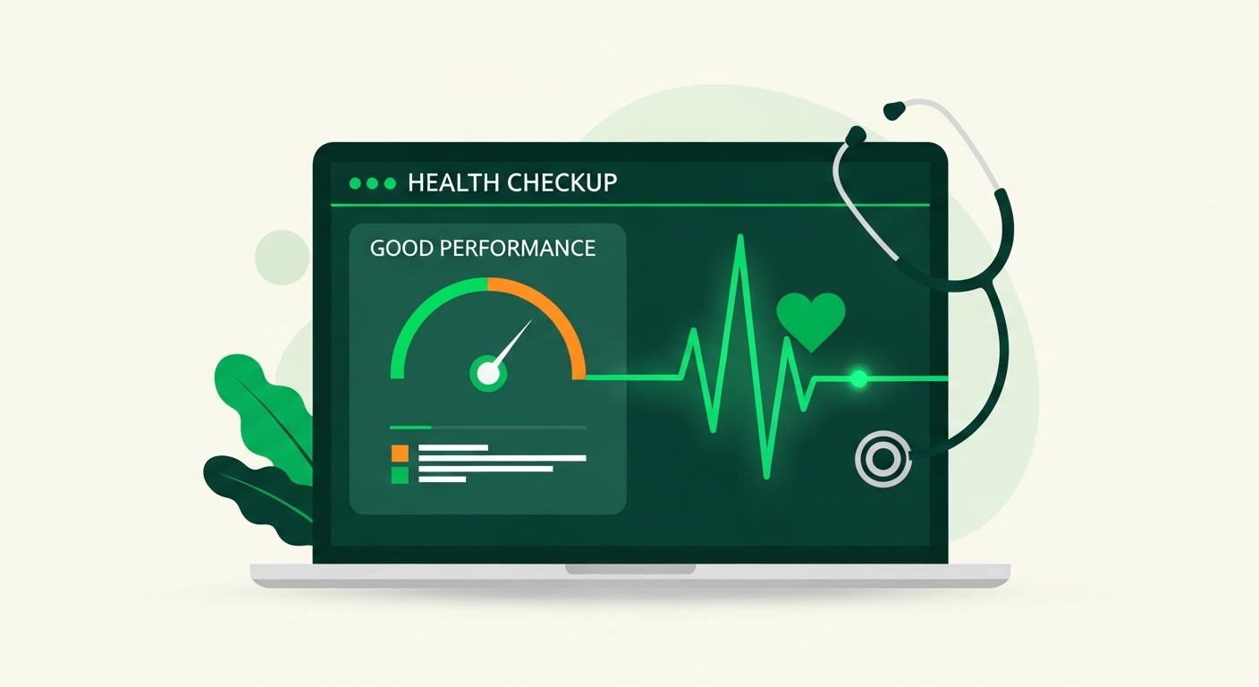 Website health checkup dashboard with a green performance gauge and heartbeat line