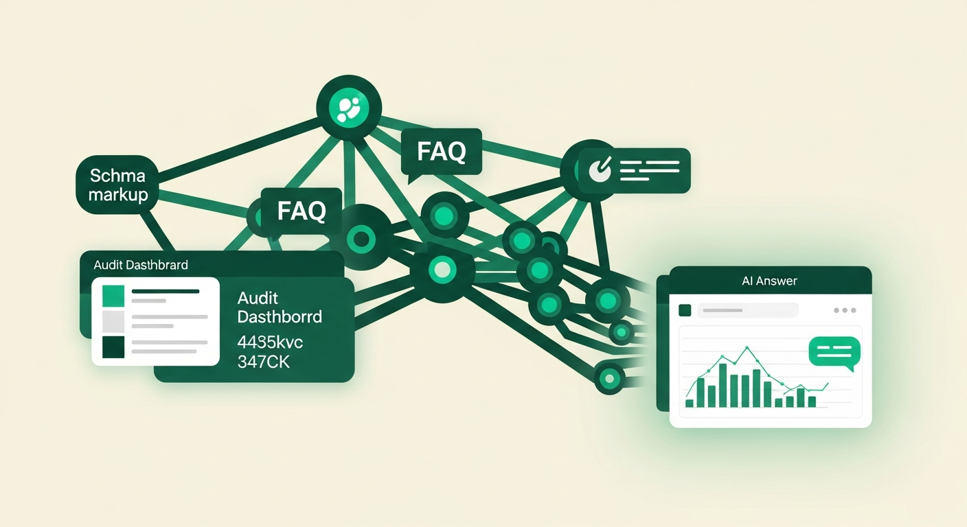 Illustration of answer engine optimization agency services: schema markup, FAQ structure, AI visibility audit dashboard, and prompt monitoring