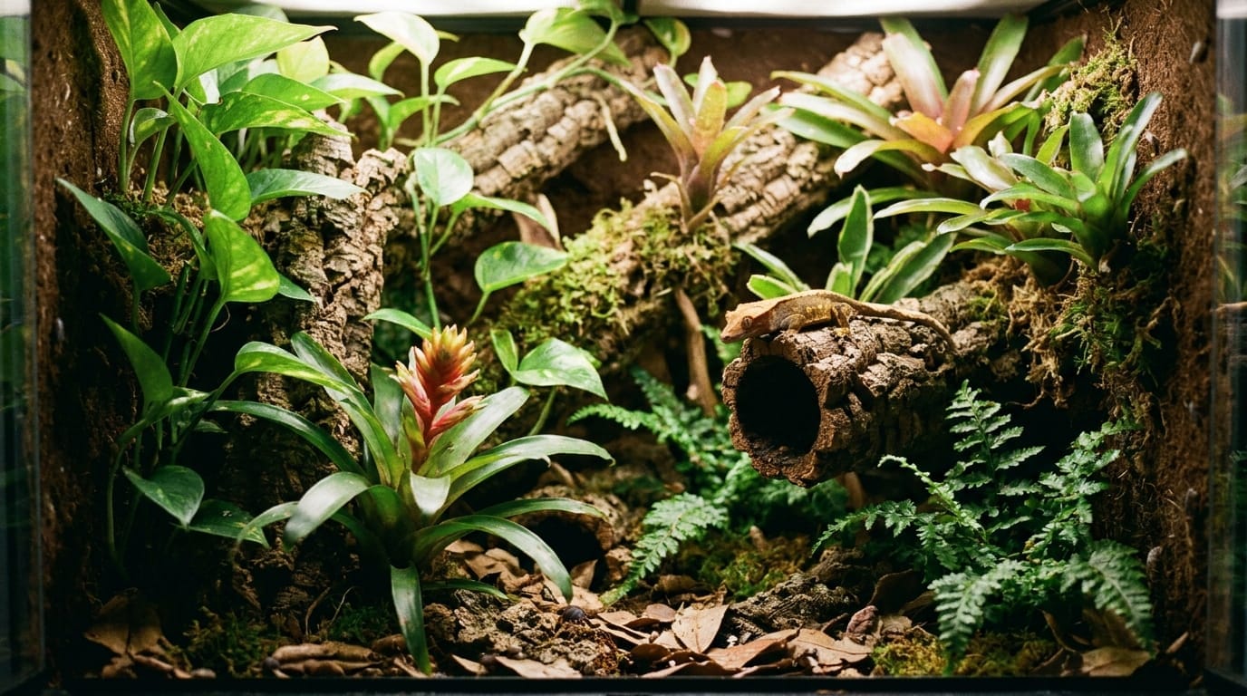 A lush, green bioactive vivarium for a reptile