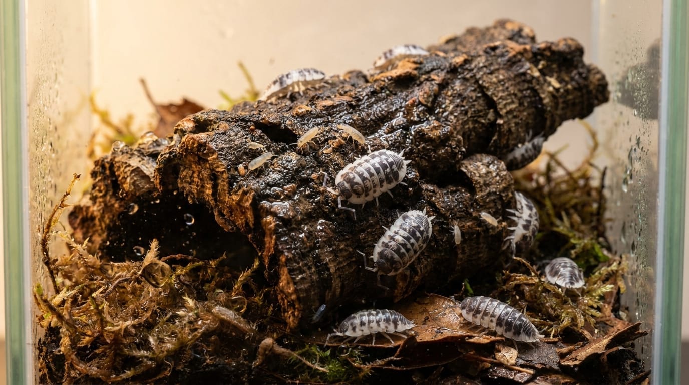 A close-up of isopods and springtails, the cleanup crew for a bioactive vivarium
