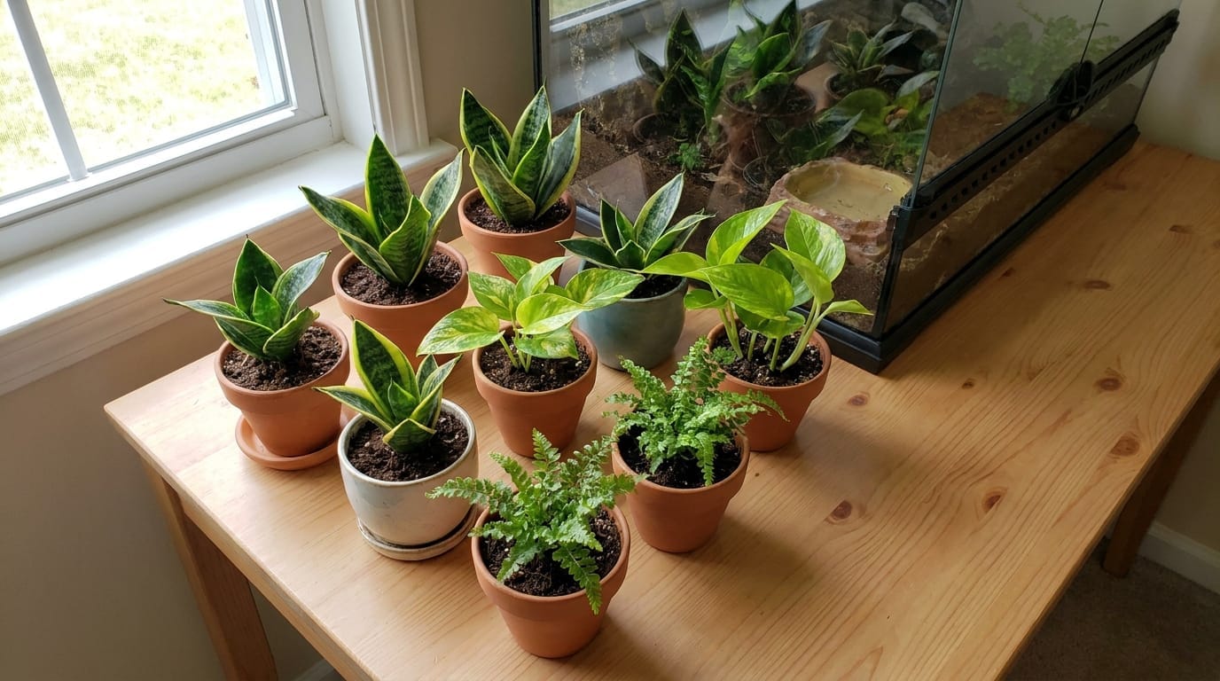 A variety of non-toxic plants suitable for a reptile terrarium