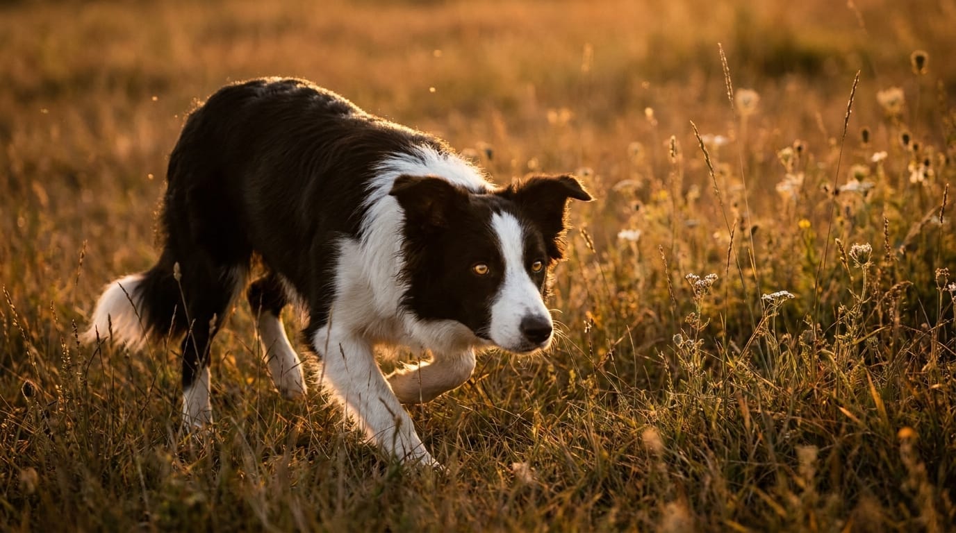 A border collie stalking a ball in a field