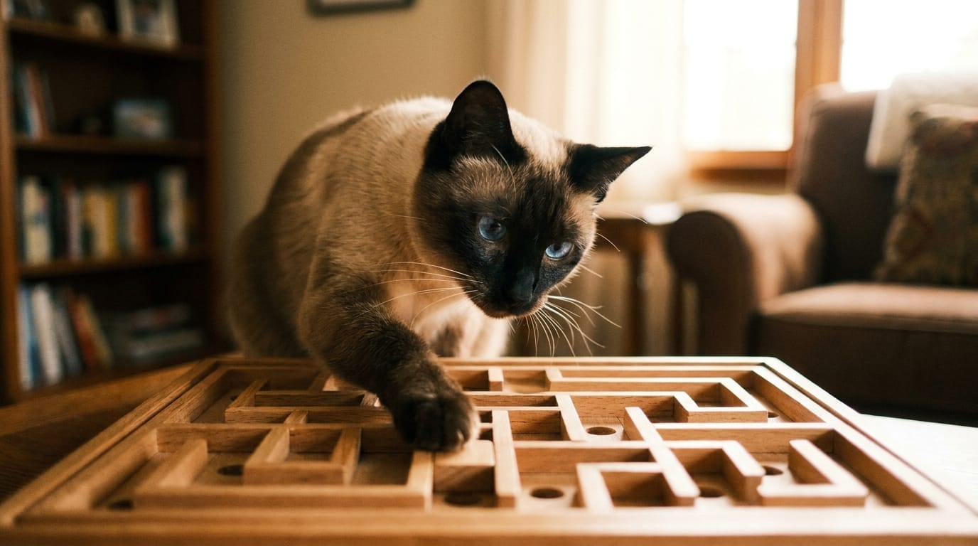 A Siamese cat engaged with an interactive puzzle toy