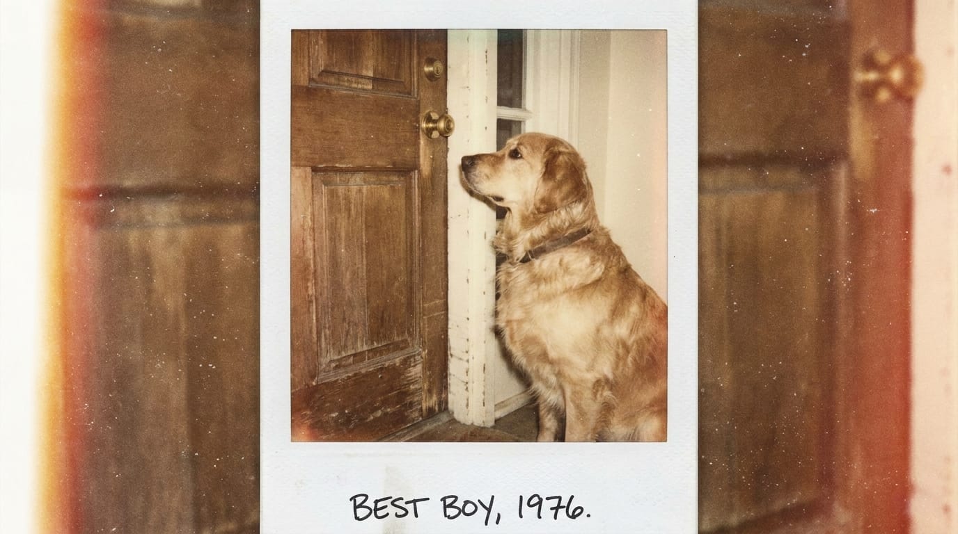 A golden retriever waiting by the front door for its owner