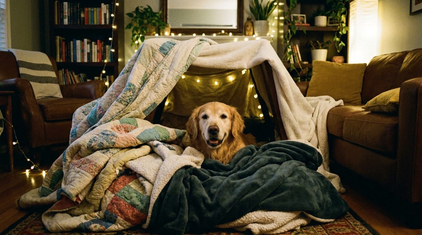 A calm golden retriever dog in a blanket fort.
