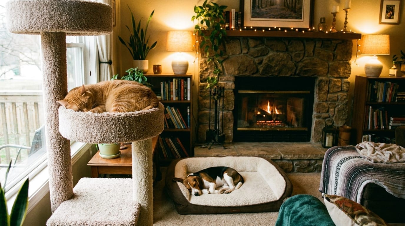 A cat on a cat tree and a dog on a bed sharing a room peacefully