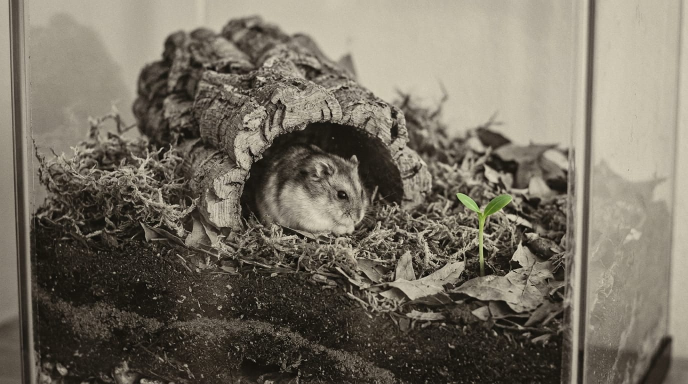 A tiny dwarf hamster peeking out from behind a piece of wood