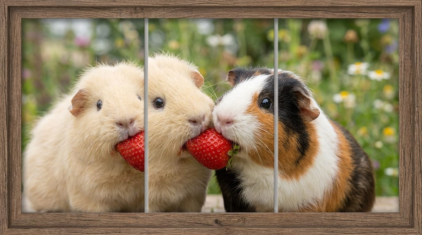 Two bonded guinea pigs sharing a fresh strawberry
